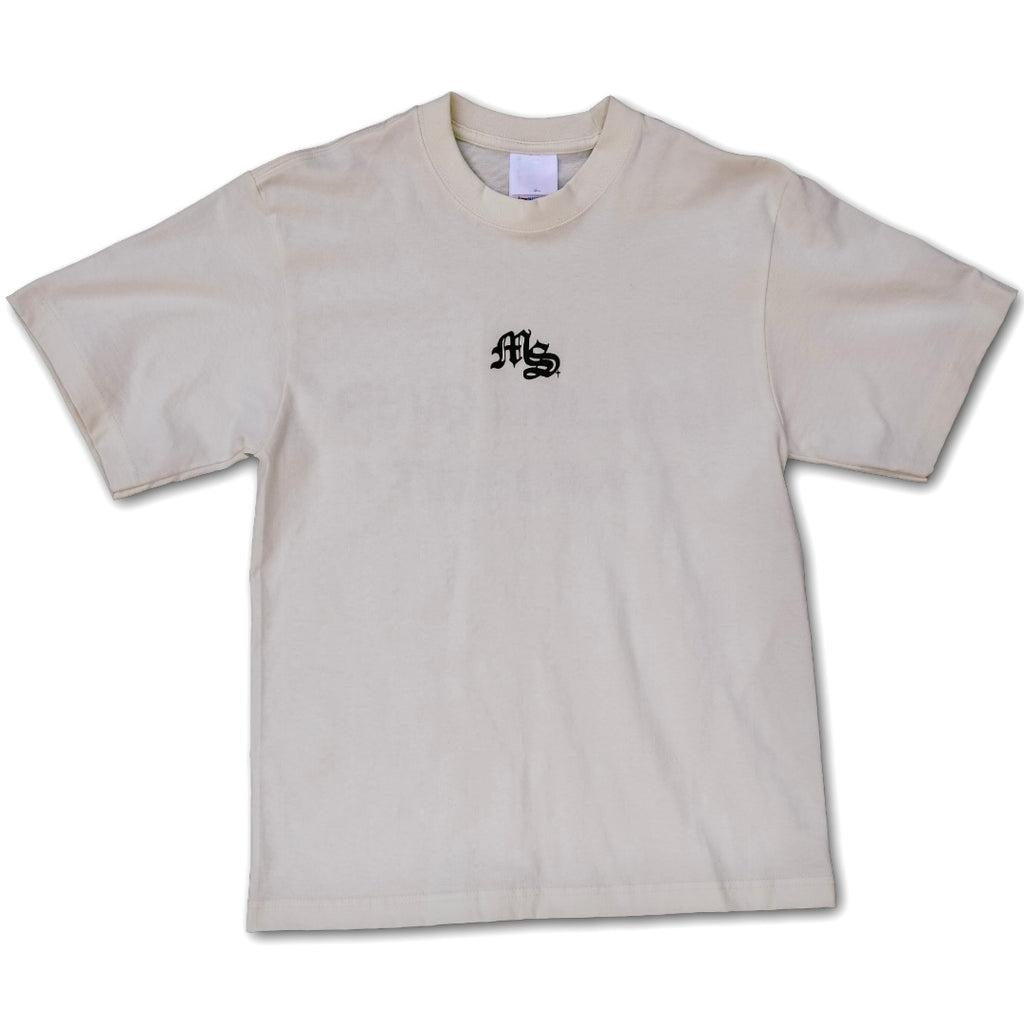 Beige t-shirt with a black logo on a white background