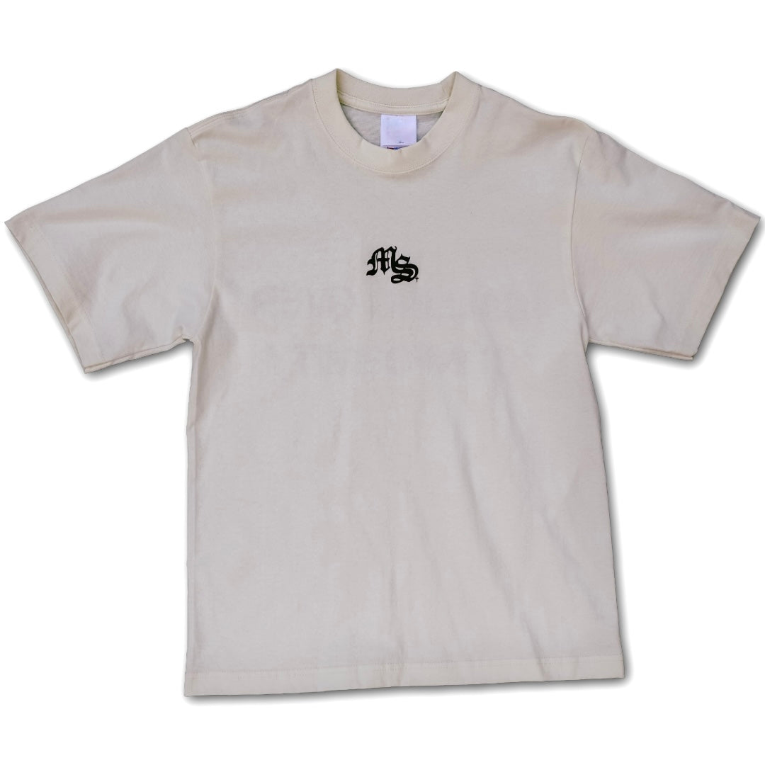 Beige t-shirt with a black logo on a white background